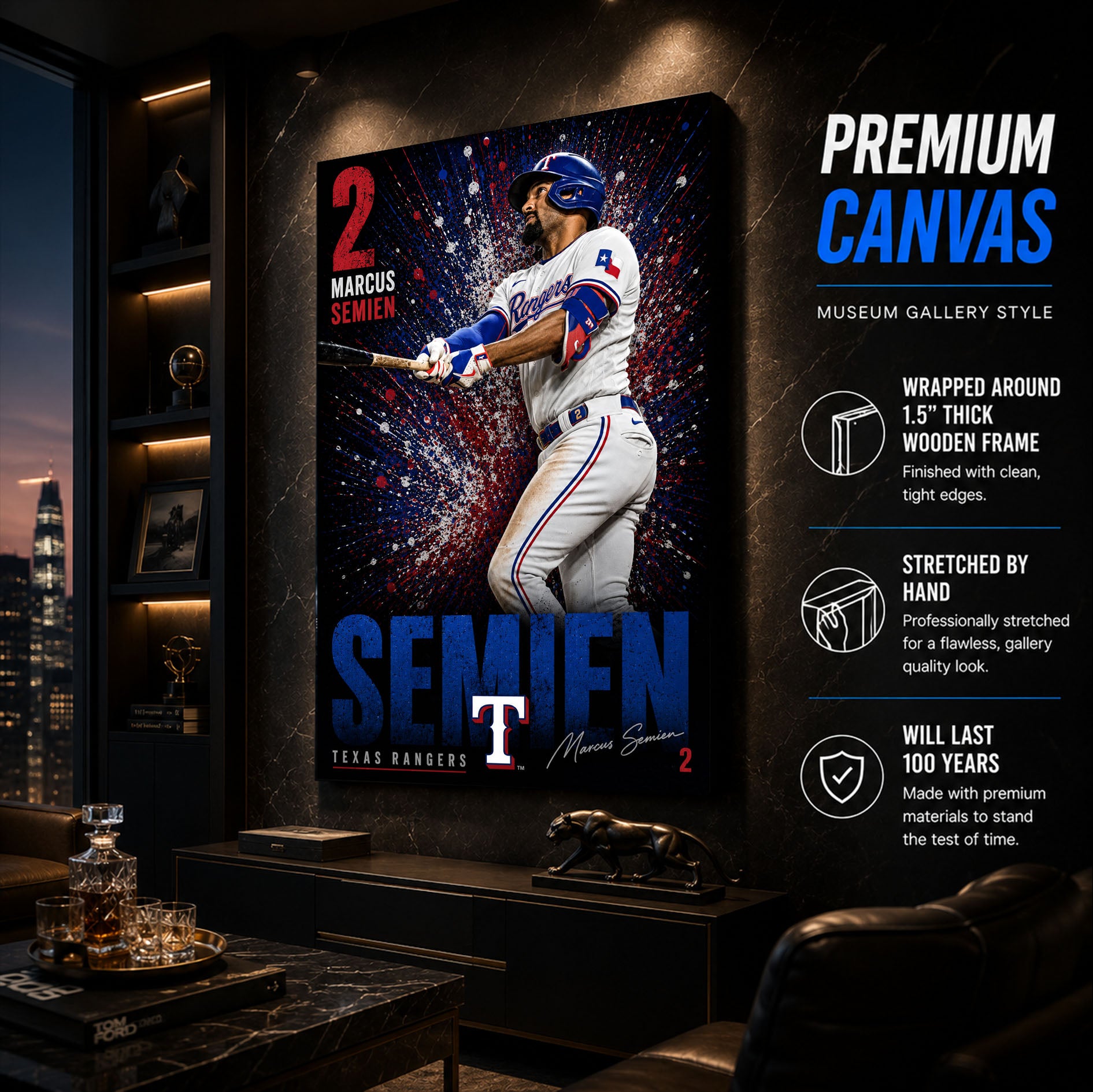 Marcus Semien Rangers Poster or Canvas Wall Art