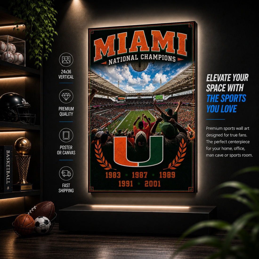 Miami Hurricanes Football Stadium Fan Poster or Canvas Wall Art