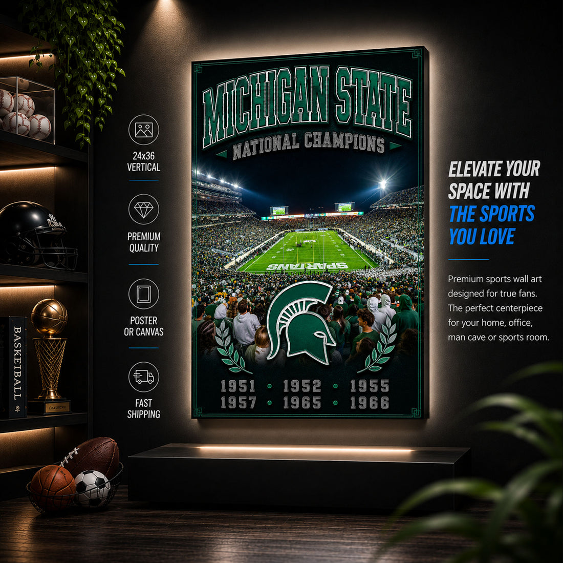 Michigan State Football Stadium Fan Poster or Canvas Wall Art