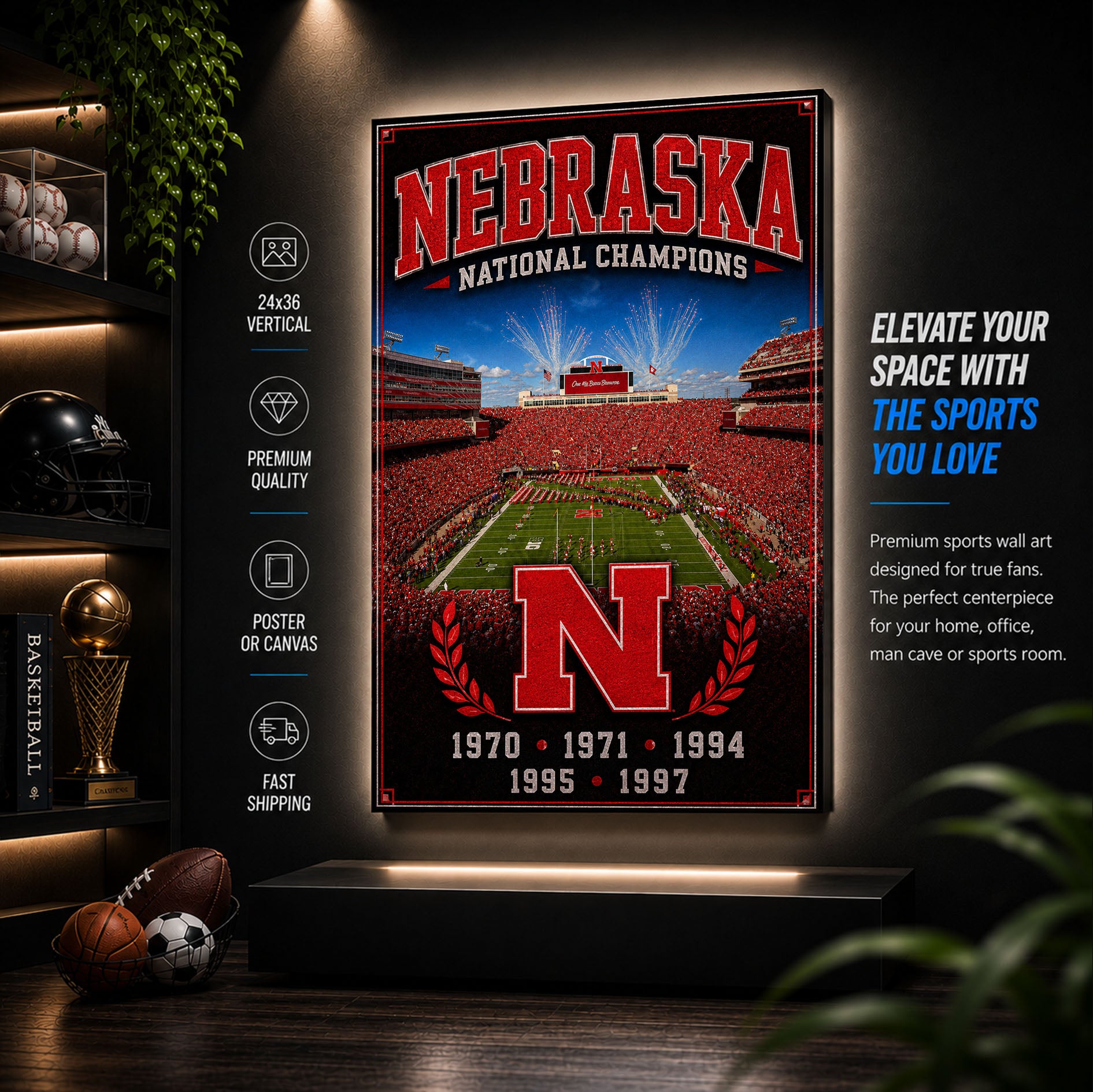 Nebraska Football Stadium Fan Poster or Canvas Wall Art
