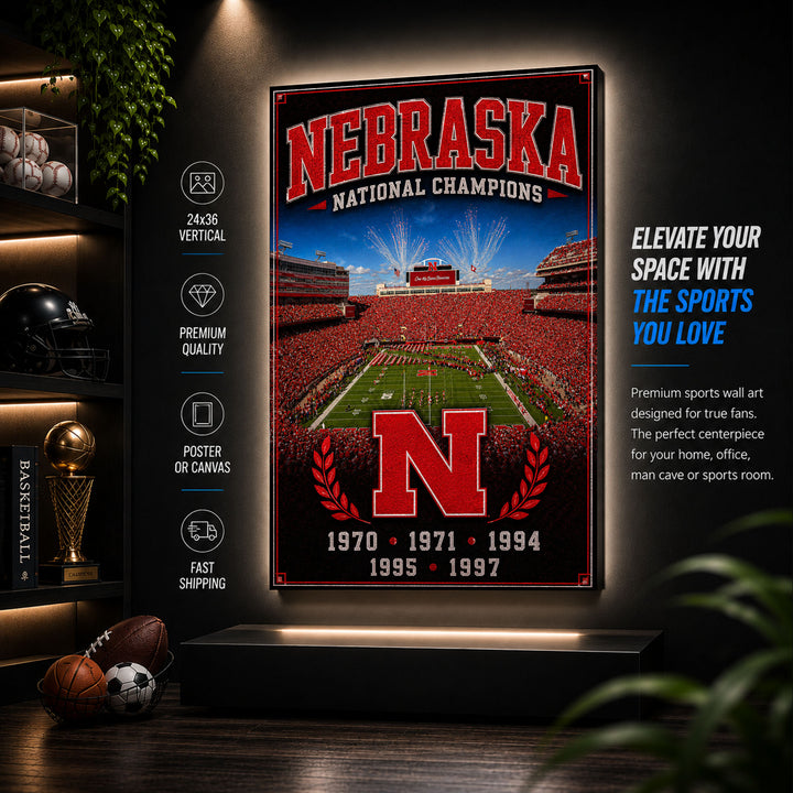Nebraska Football Stadium Fan Poster or Canvas Wall Art