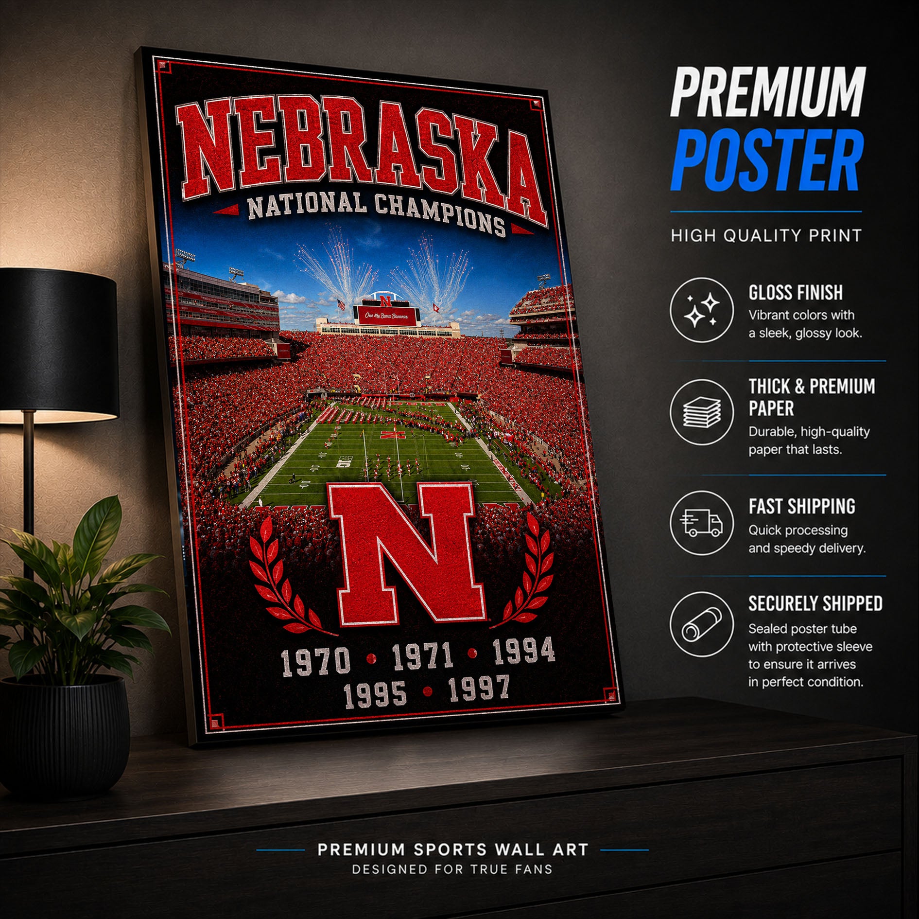Nebraska Football Stadium Fan Poster or Canvas Wall Art