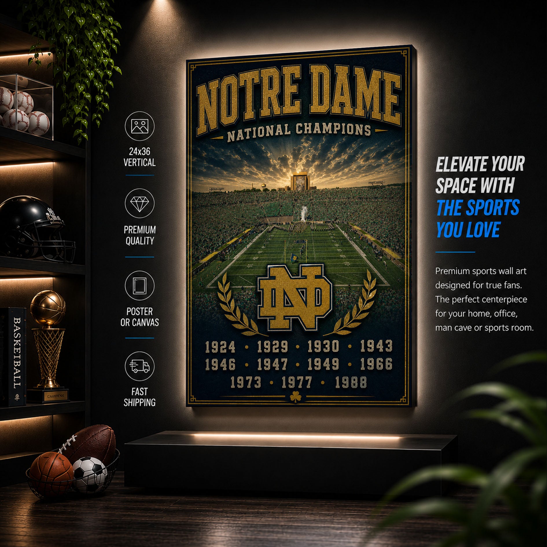 Notre Dame Football Stadium Fan Poster or Canvas Wall Art