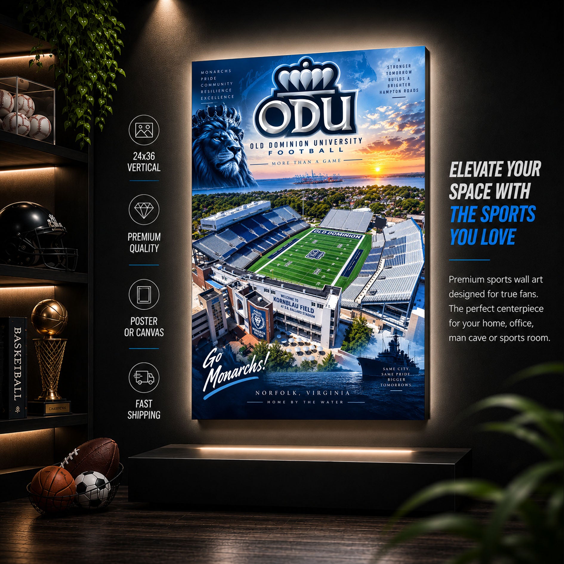 ODU Monarchs Football Stadium Poster or Canvas Wall Art
