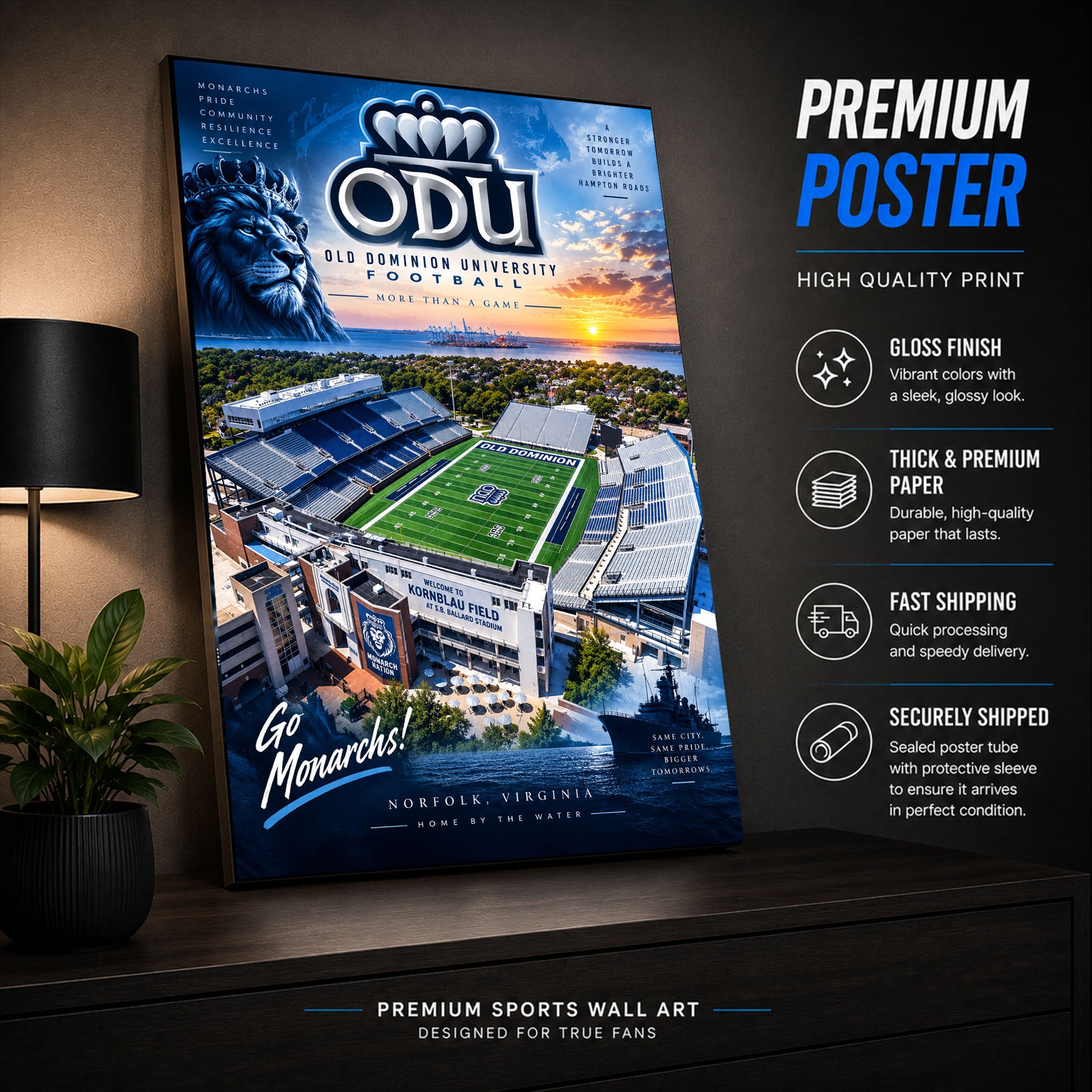 ODU Monarchs Football Stadium Poster or Canvas Wall Art