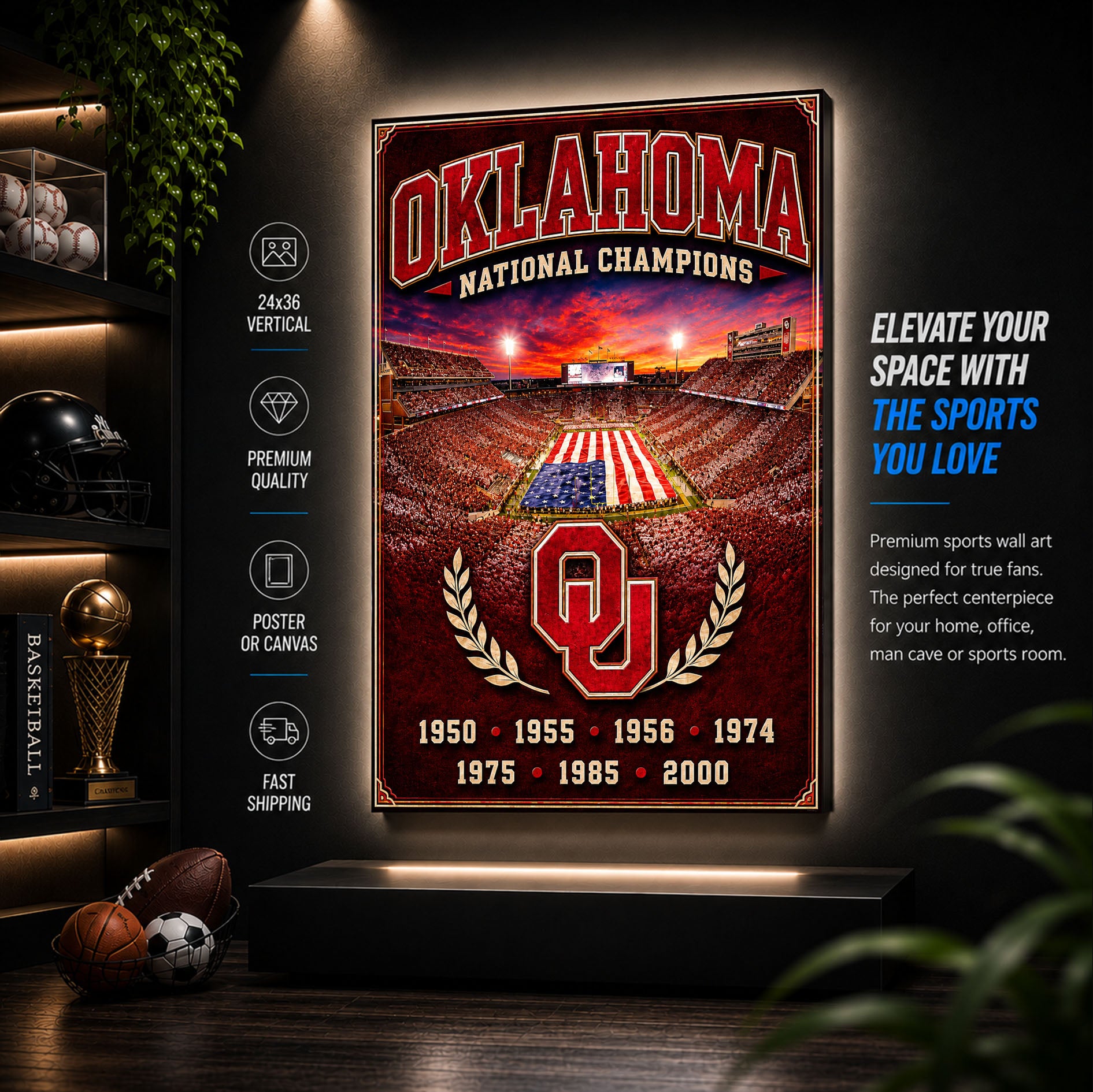 Oklahoma Football Stadium Fan Poster or Canvas Wall Art