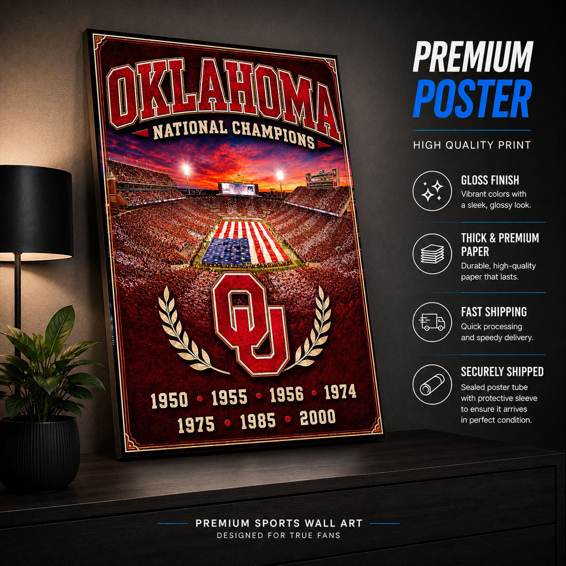 Oklahoma Football Stadium Fan Poster or Canvas Wall Art