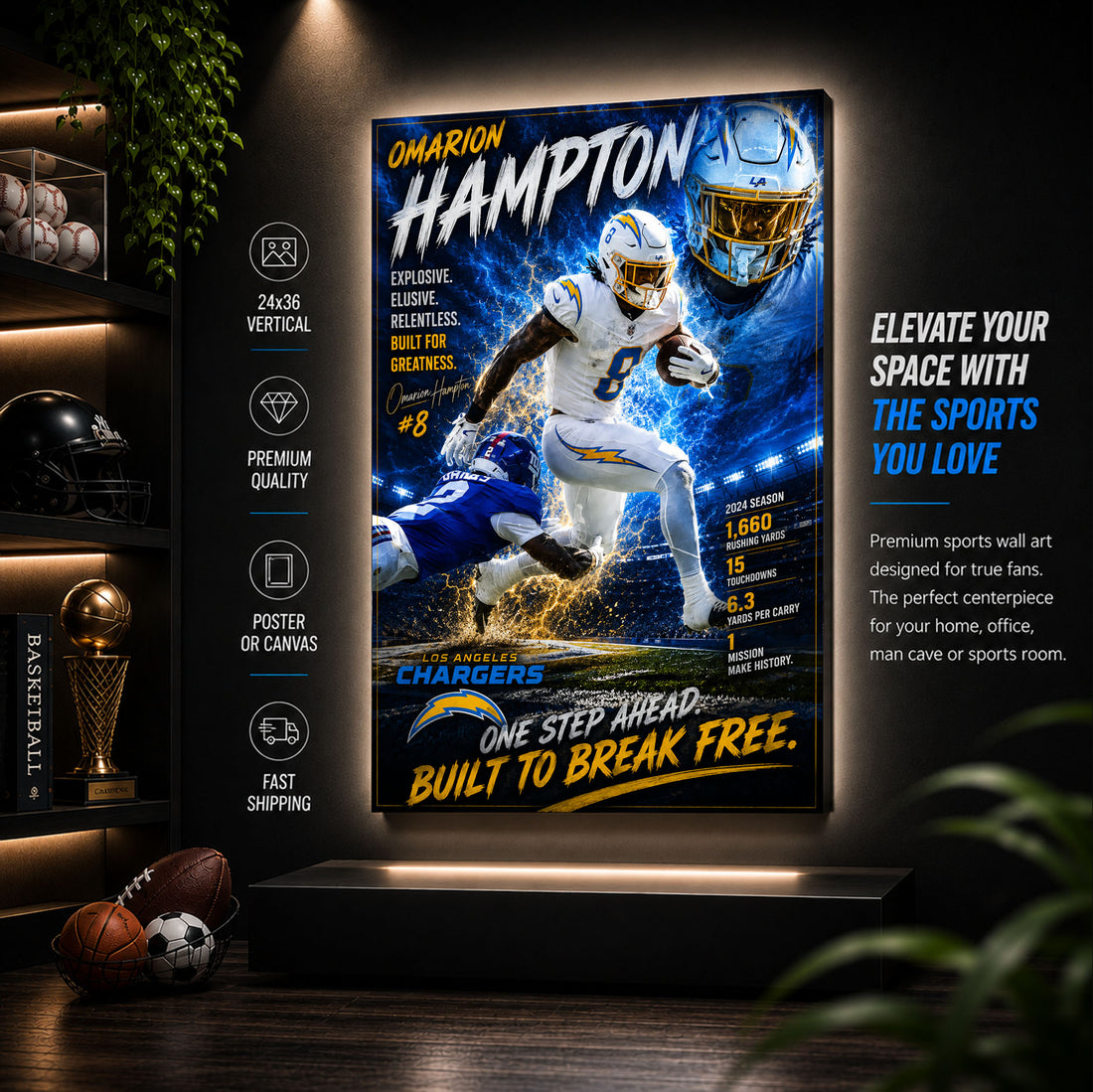 Omarion Hampton Chargers Fan Poster or Canvas Wall Art