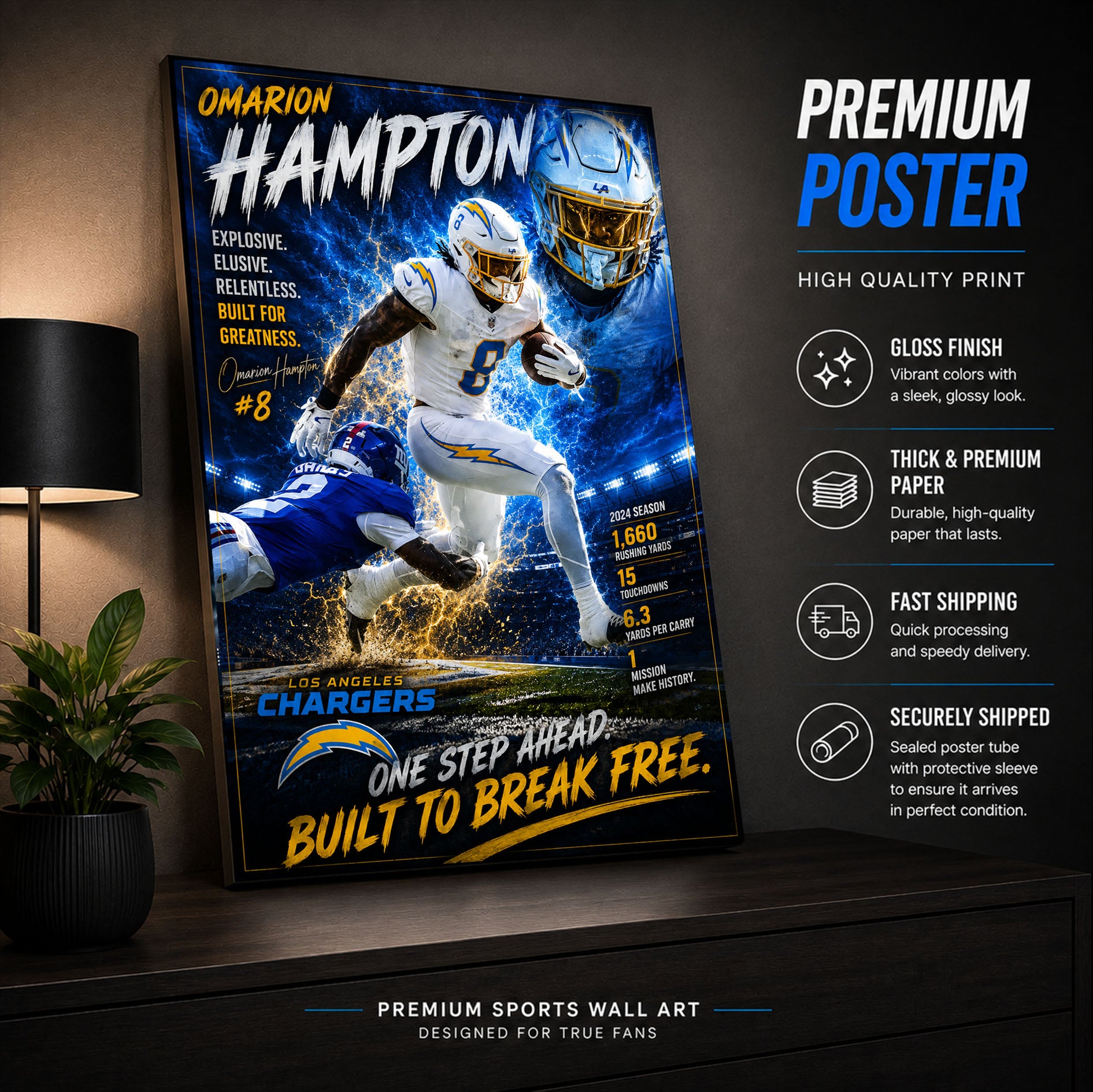 Omarion Hampton Chargers Fan Poster or Canvas Wall Art