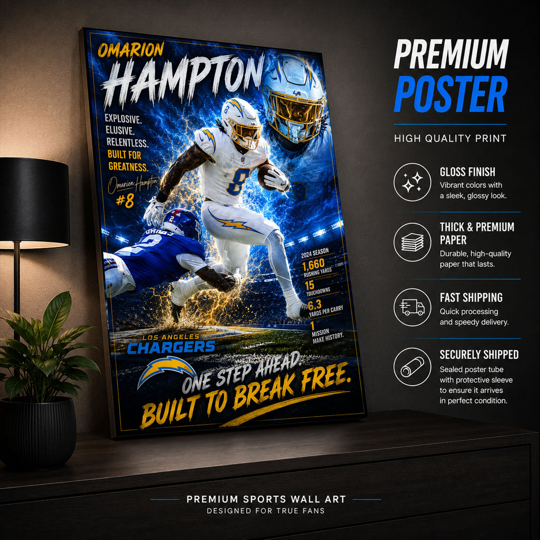 Omarion Hampton Chargers Fan Poster or Canvas Wall Art