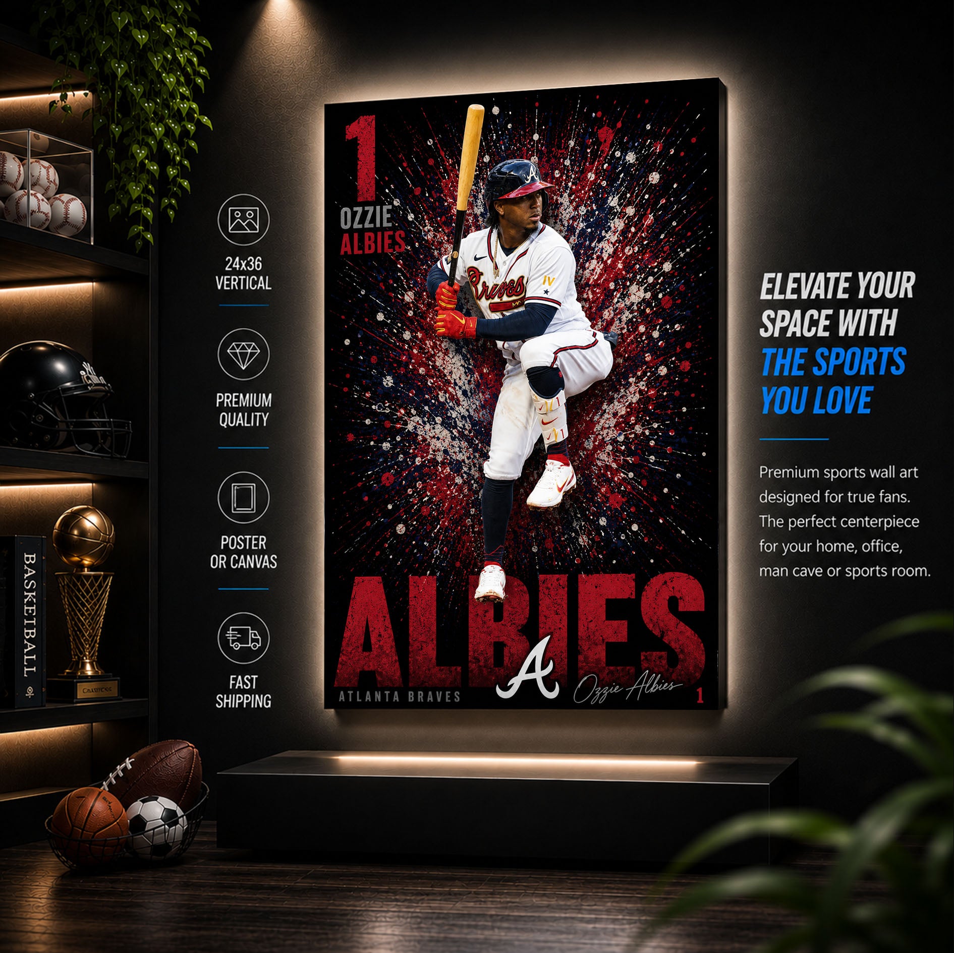 Ozzie Albies Braves Poster or Canvas Wall Art