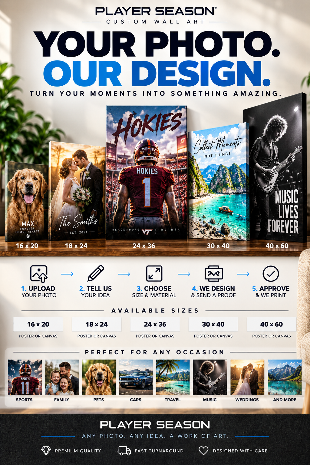 A promotional graphic for a custom photo poster service called Player Season. The top half shows several sample poster designs with sports and lifestyle imagery, including a dog, a couple, a football jersey, a mountain landscape, and a black graphic with white text.
