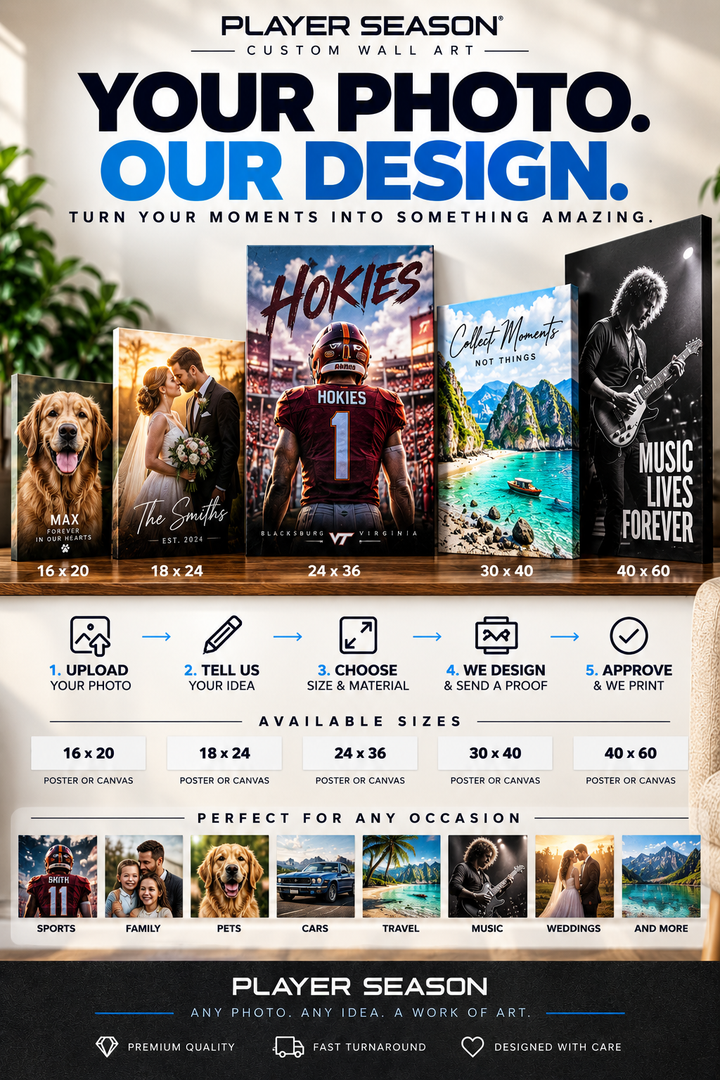 A promotional graphic for a custom photo poster service called Player Season. The top half shows several sample poster designs with sports and lifestyle imagery, including a dog, a couple, a football jersey, a mountain landscape, and a black graphic with white text.