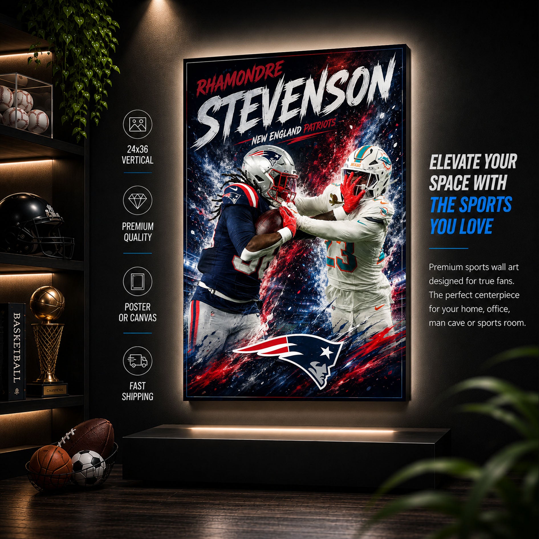 Rhamondre Stevenson Patriots Fan Poster or Canvas Wall Art