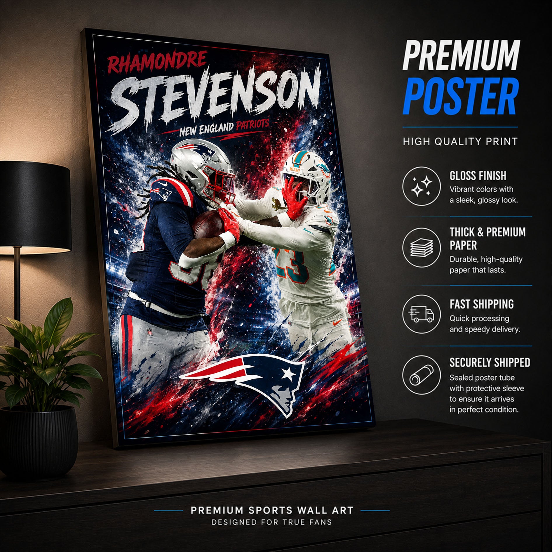 Rhamondre Stevenson Patriots Fan Poster or Canvas Wall Art