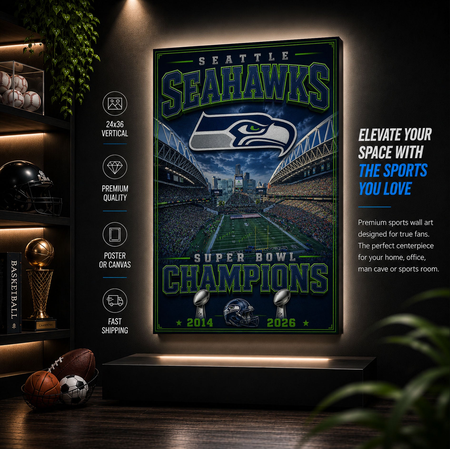 Seattle Seahawks Stadium Fan Poster or Canvas Wall Art