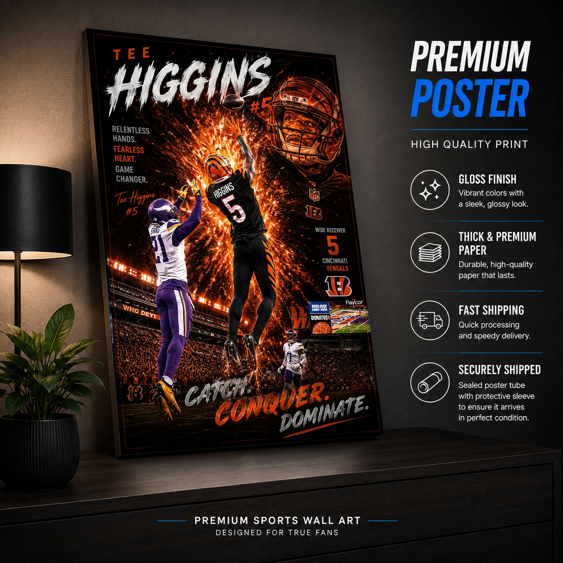 Tee Higgins Bengals Fan Poster or Canvas Wall Art