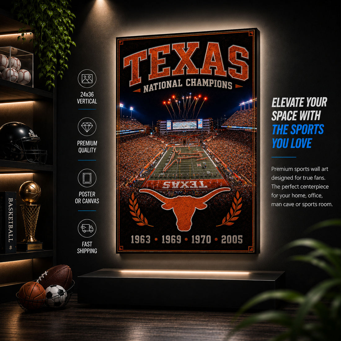 Texas Longhorns Football Stadium Fan Poster or Canvas Wall Art