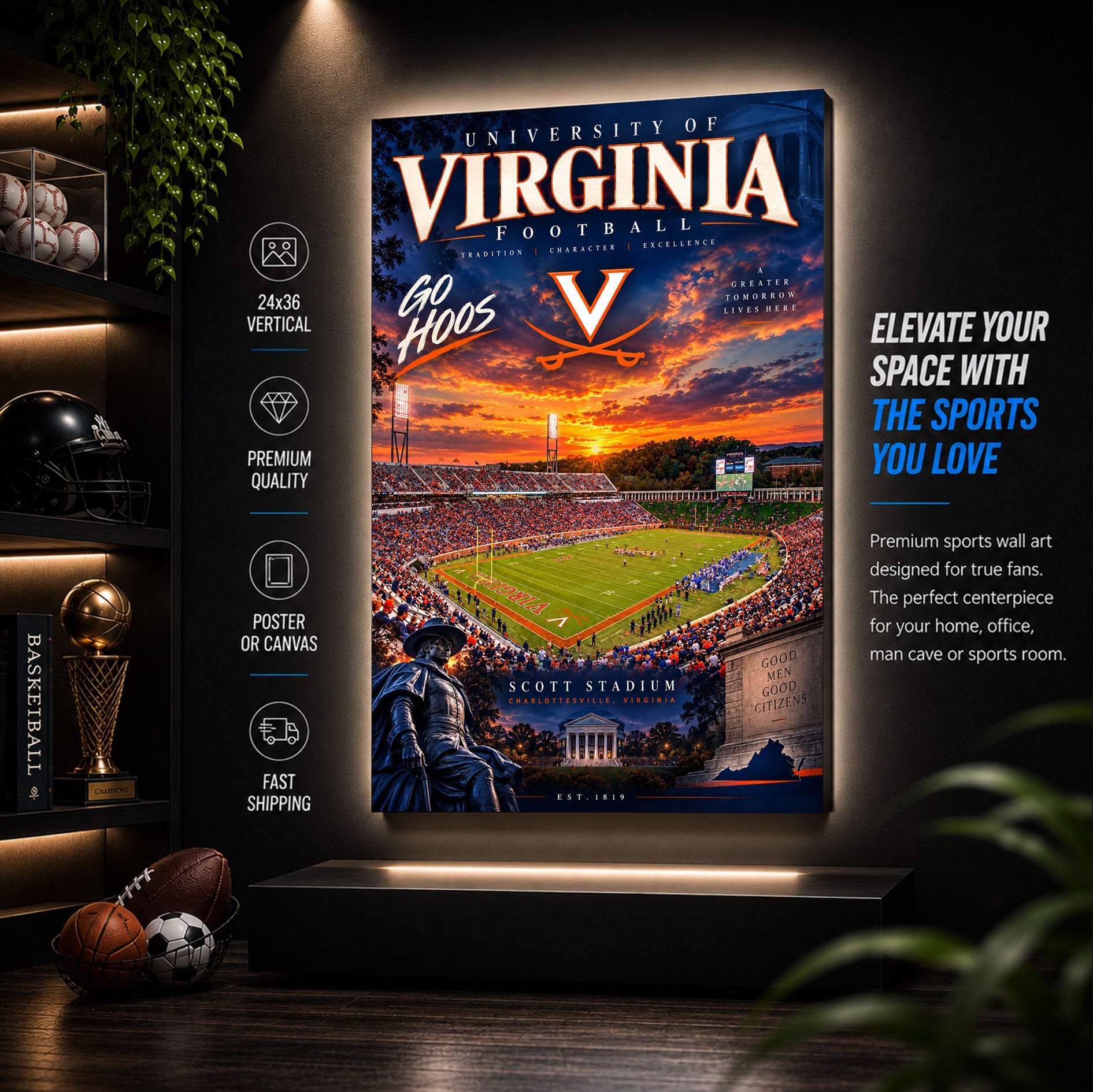 UVA Cavaliers Football Stadium Poster or Canvas Wall Art