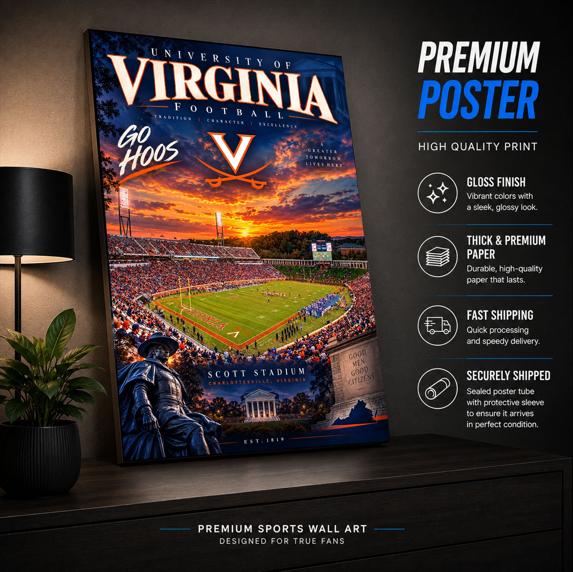 UVA Cavaliers Football Stadium Poster or Canvas Wall Art