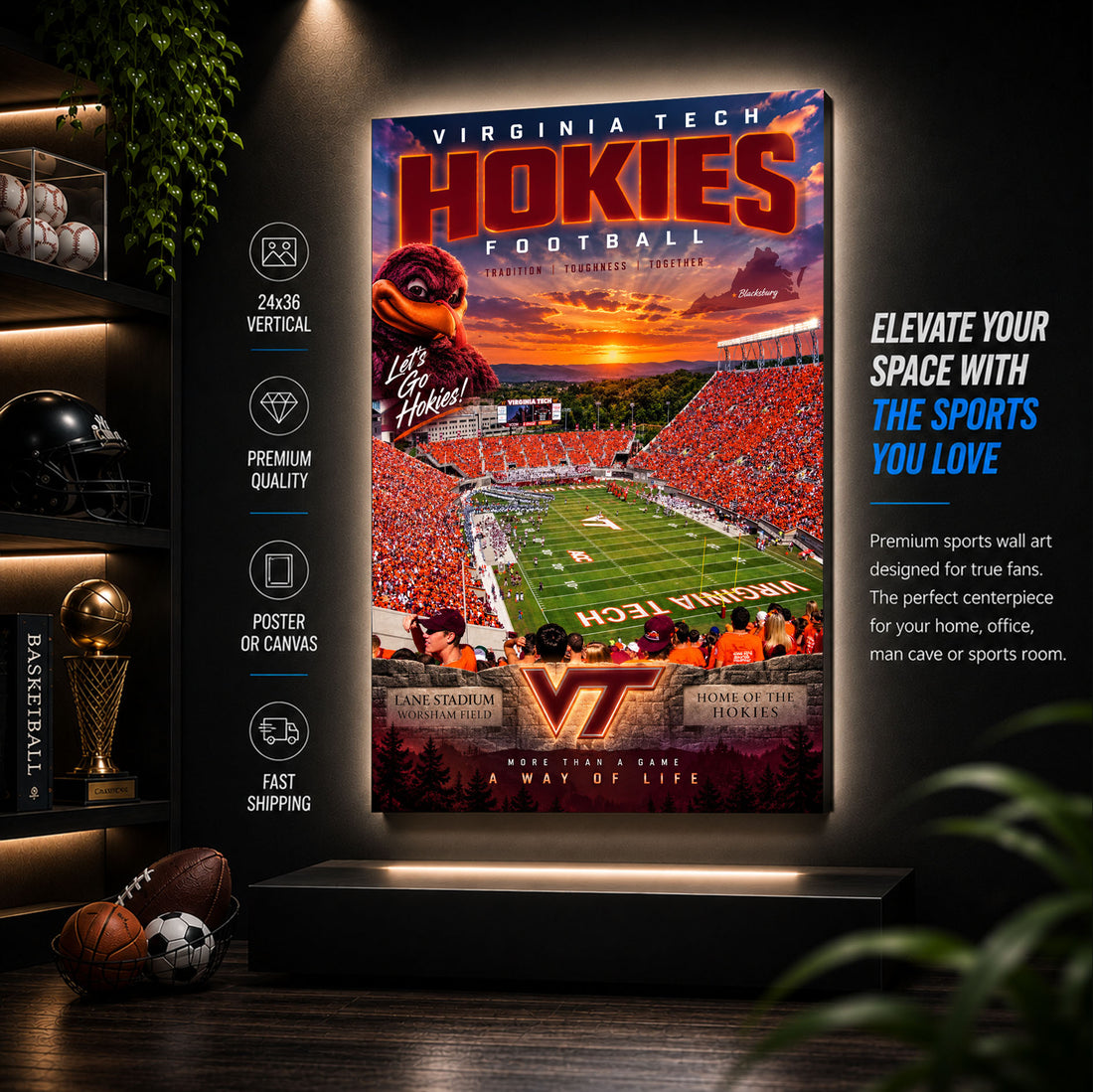 Virginia Tech Hokies Football Stadium Poster or Canvas Wall Art