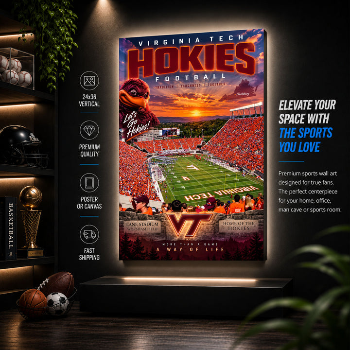 Virginia Tech Hokies Football Stadium Poster or Canvas Wall Art