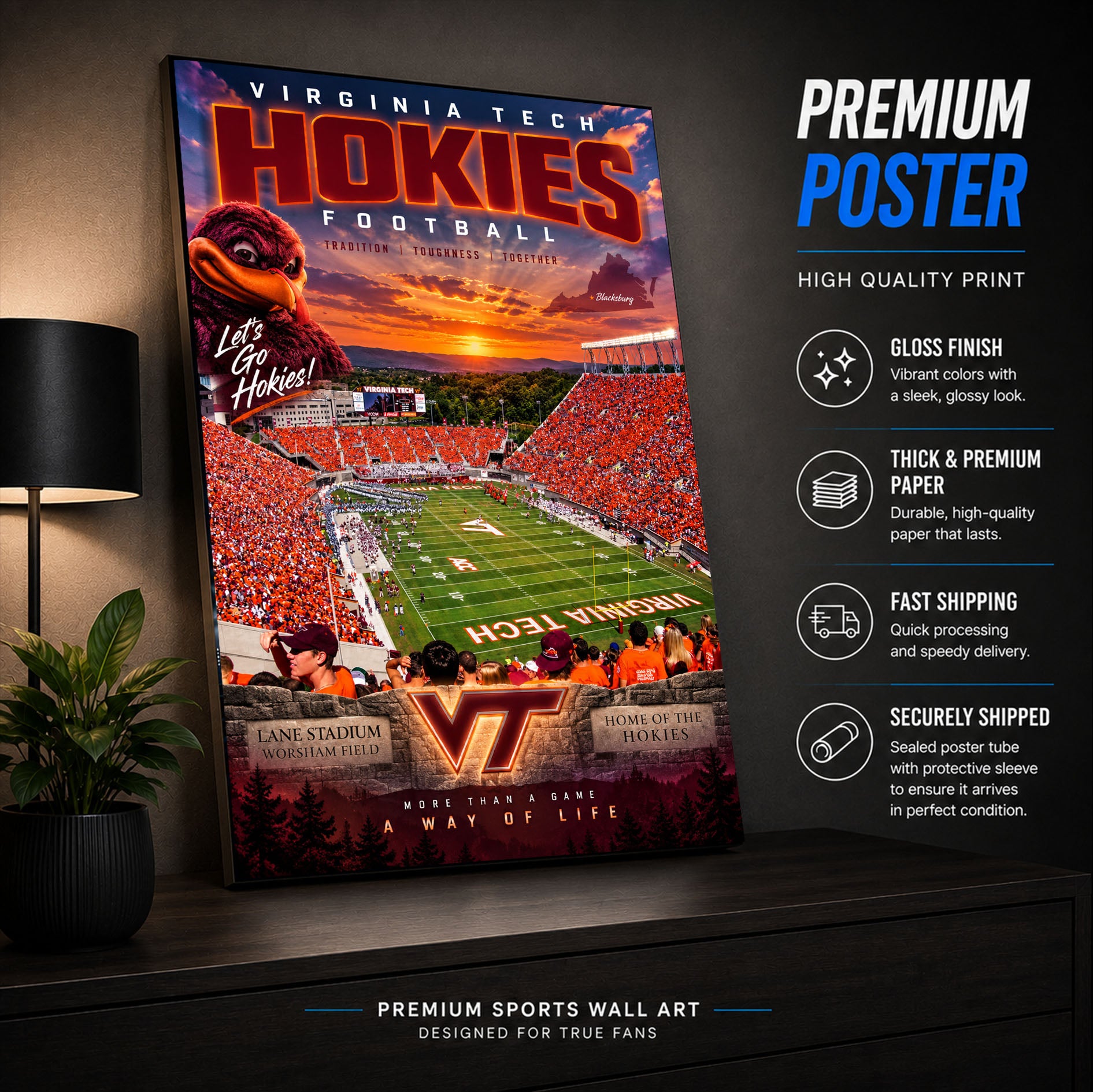 Virginia Tech Hokies Football Stadium Poster or Canvas Wall Art