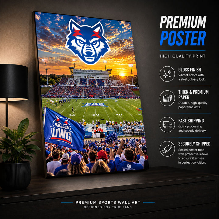 A large vertical sports wall art poster displayed on a dark shelf in a styled room. The poster shows a football stadium scene at sunset with a large blue wolf mascot logo at the top and a crowd in the stands.