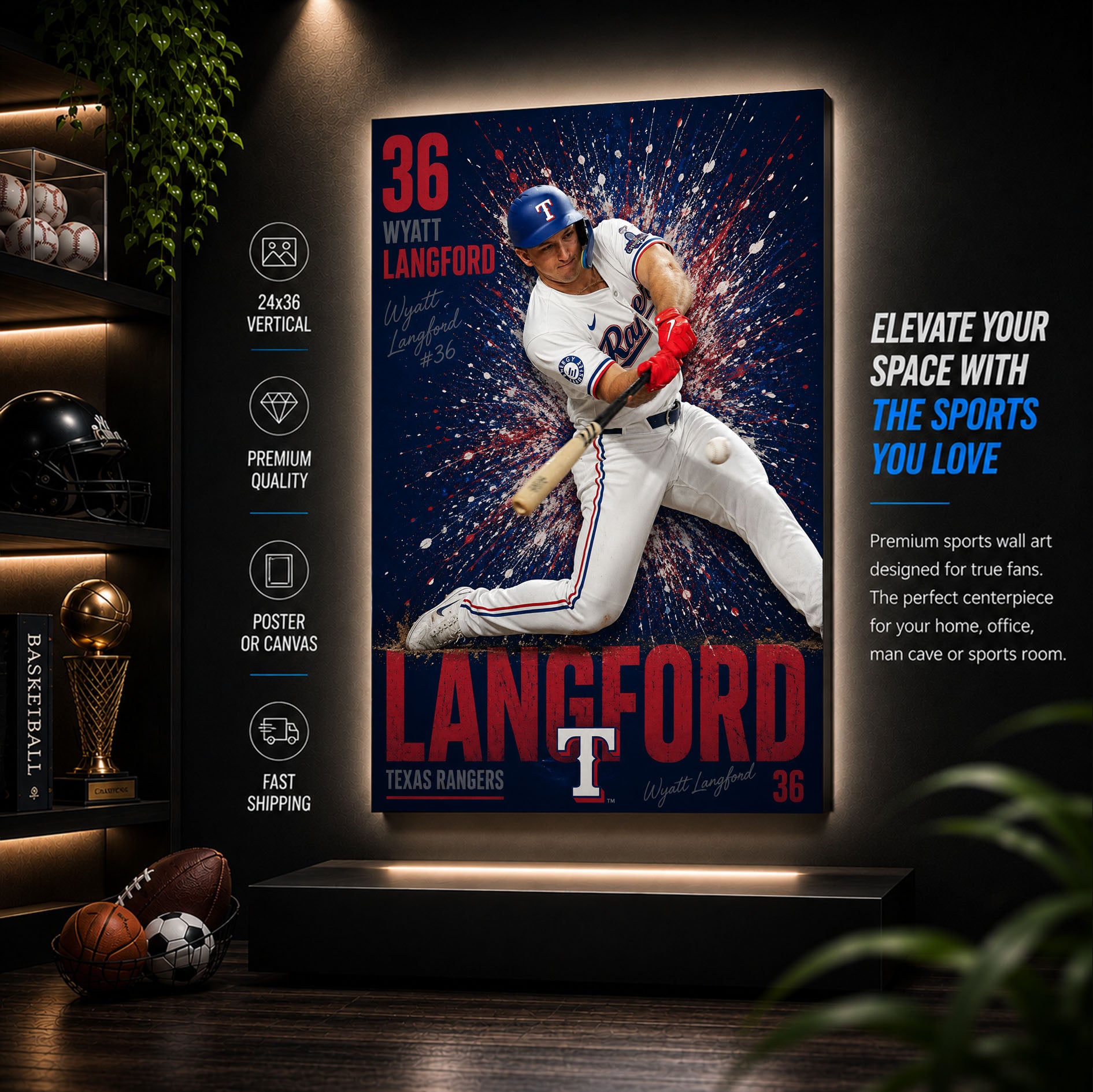 Wyatt Langford Rangers Poster or Canvas Wall Art